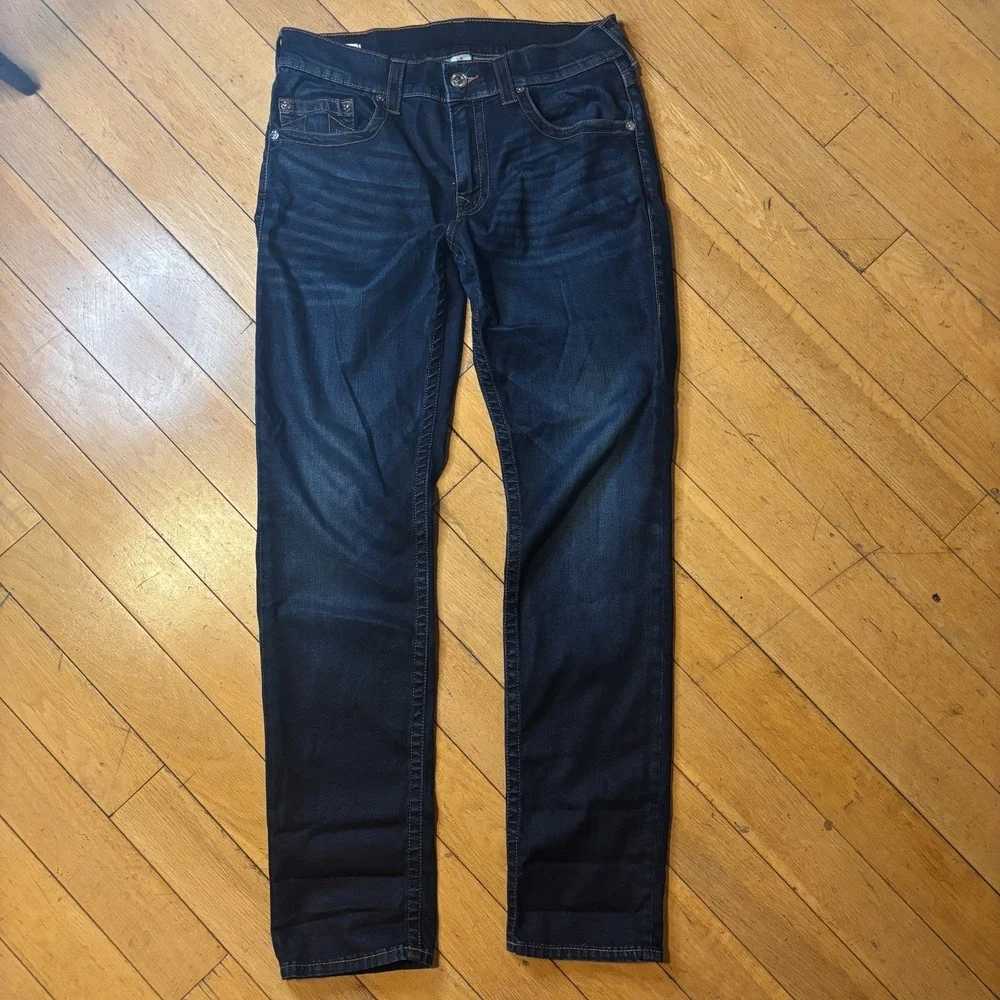 True Religion Geno Relaxed Slim Jeans Mens 33 Dark Indigo Wash Horseshoe Pocket